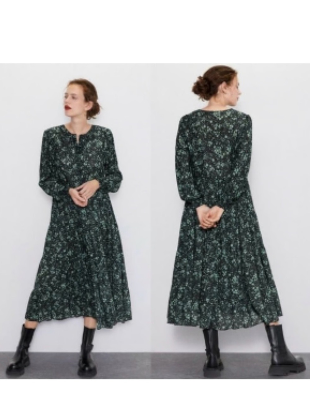 Zara “Angel” Floral Tiered Midi Dress Black Green Size XL Fall Blogger Favourite